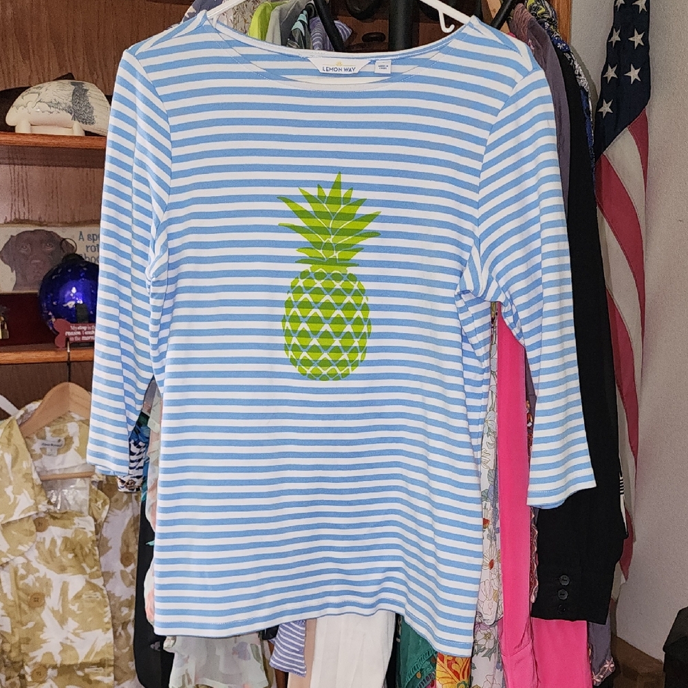 Lemon Way Striped Womens Shirt with Green Pineapple 3/4 Sleeve Very Cute